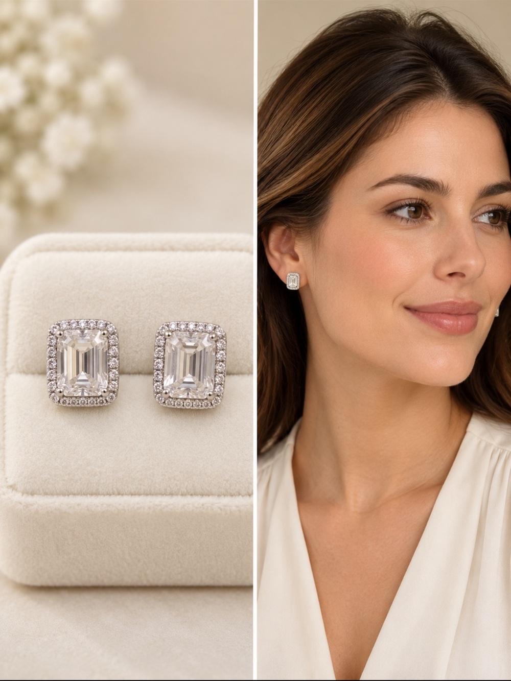 Classic Emerald-Cut Halo Stud Earrings in sterling Silver